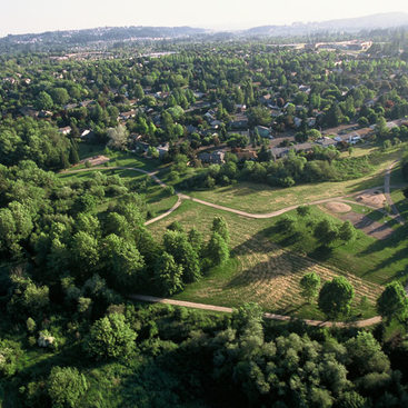 a photo of an aerial view of trees and trails through Fanno Creek Greenway