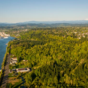 aerial view of Canemah Bluff, Mount Hood and Willamette Falls