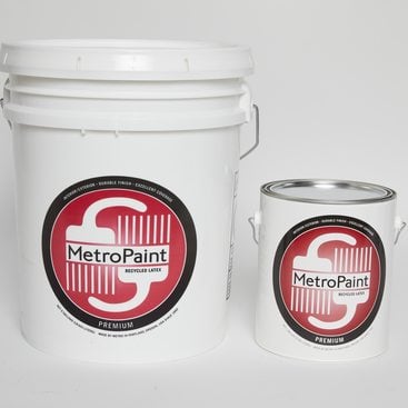 MetroPaint five gallon pail next to single gallon pail