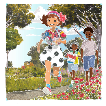 An illustration of three children playing along a nature trail lined with green trees and red wildflowers.