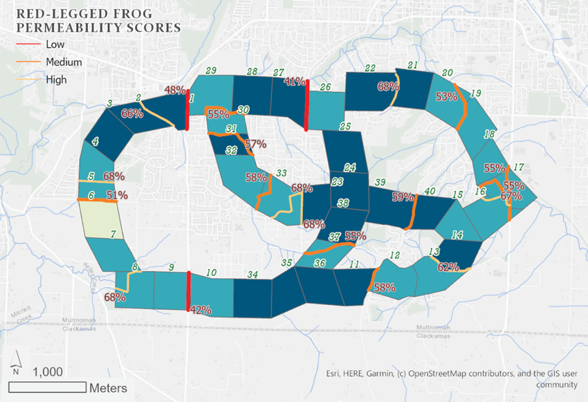 A map of a city with blue and light blue polygons and red and orange lines between the polygons.