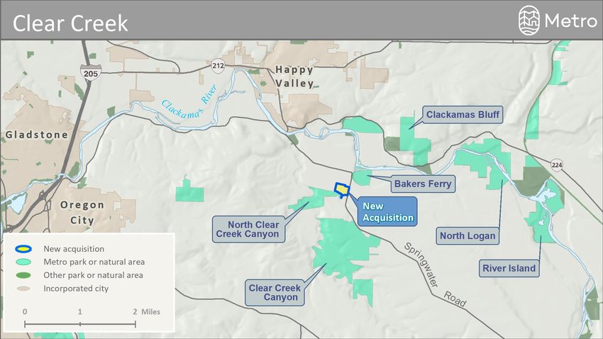 Map of Clear Creek watershed, showing existing Metro properties and new acquisition