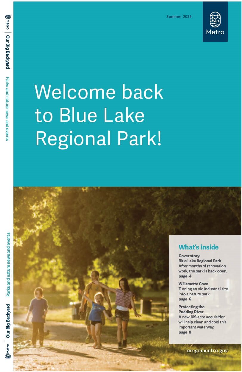 The cover of Our Big Backyard fall 2024 features the quote “Welcome back to Blue Lake Regional Park" and family of four walking on a trail.