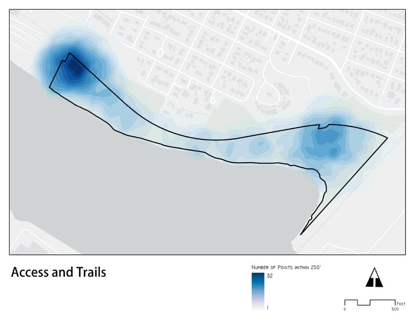 A heat map of Willamette Cove showing where community members want to see the entrance to the future nature park.