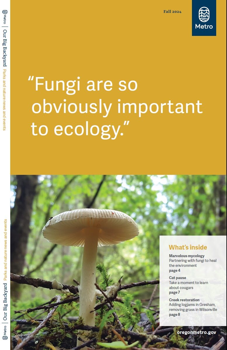 The cover of Our Big Backyard fall 2024 features the quote “Fungi are so obviously important to ecology". A photo shows a mushroom emerging from the forest floor. 