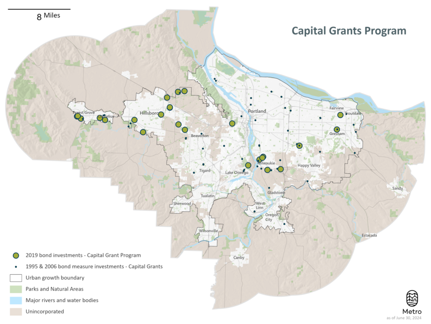 A map showing the location of Nature in Neighborhoods capital grants projects. Most of the 2019 parks and nature bond measure-funded projects are on the west side of the region, where the community choice grants pilot was held.