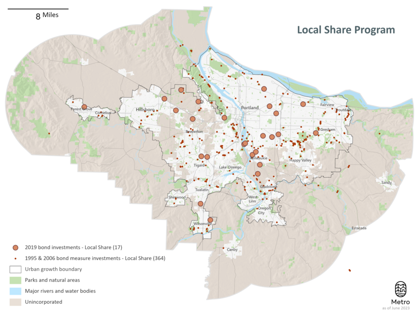 A map showing the distribution of Local Share projects from 1996 to today. 17 projects have been funded for $30 million under the 2019 parks and nature bond measure.