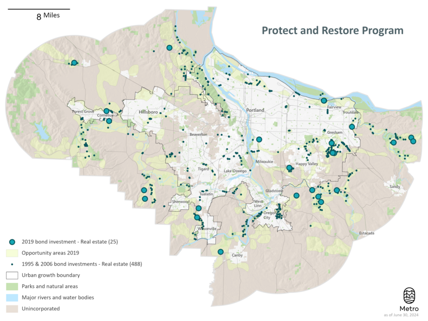 A map showing the purchases of natural areas across greater Portland.