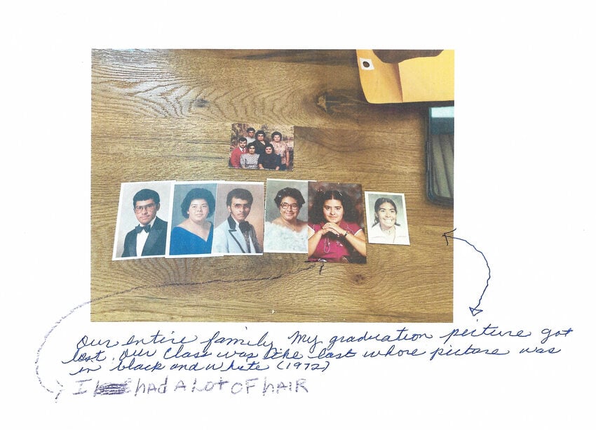 Row of wallet size portraits laid out on a table and photographed. Notes about the photos are written in the margin of the color copy.