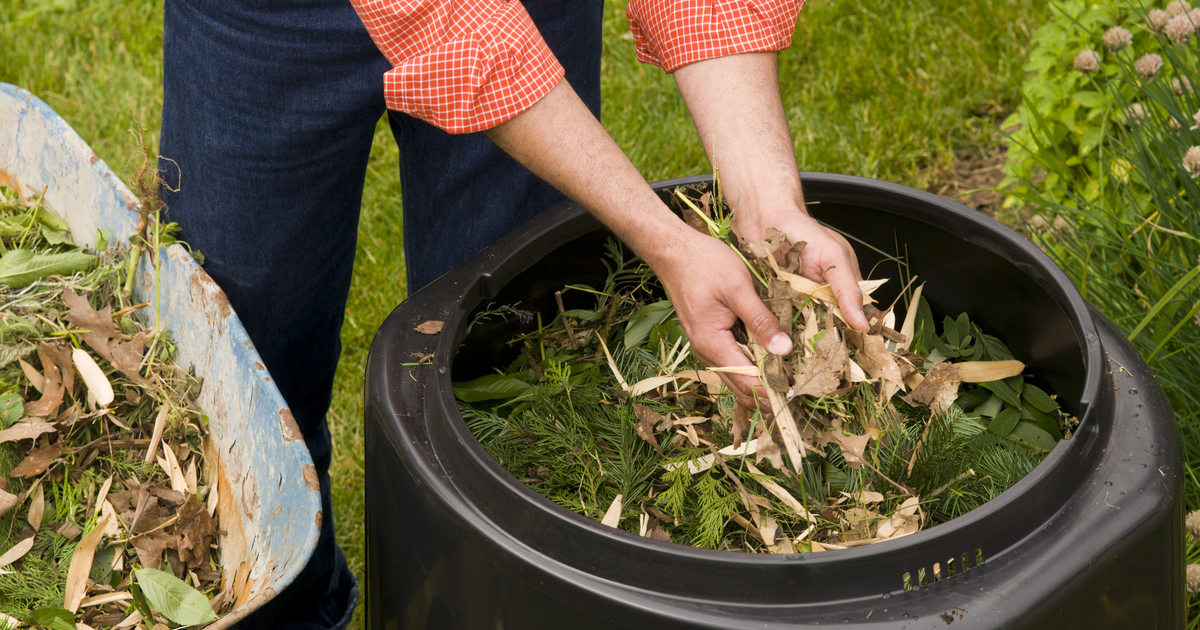 Image of A person watering a compost pile