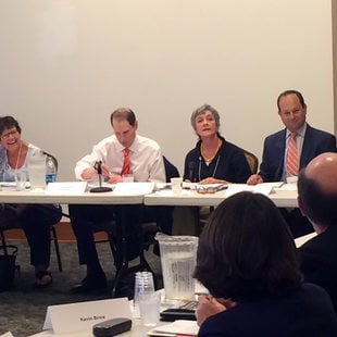 Supporters of the Willamette Falls Legacy Project meet on Aug. 27, 2015. From left, Oregon City Mayor Dan Holladay, former Rep. Darlene Hooley, Sen. Ron Wyden, Metro Councilor Carlotta Collette, Noah Siegel and Clackamas County Commissioner Tootie Smith.