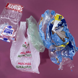 Plastic shopping bag, hamburger bun bag and toilet paper wrap