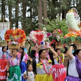 A large group of Latina women and girls of all ages wearing colorful, traditional clothing walking through a wooded park balancing ceremonial bouquets of flowers and art in baskets on their heads