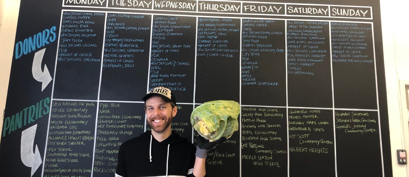 Volunteer holds up a large head of cabbage