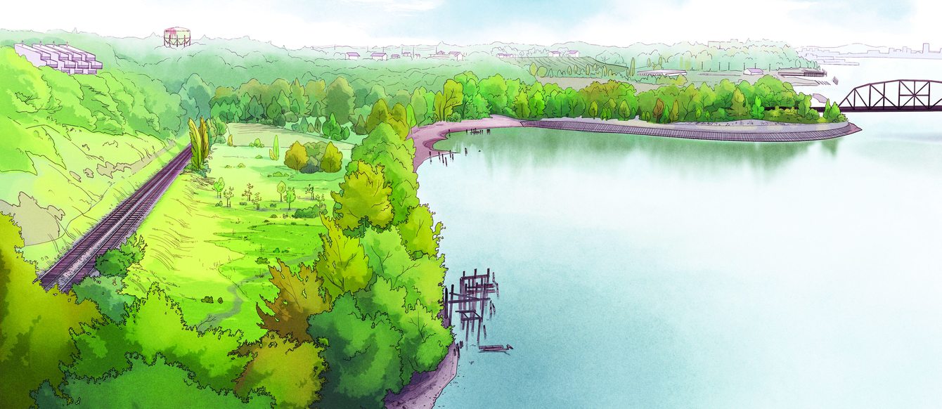 An illustration shows the current state of Willamette Cove: A large cove surrounded by greenery with remnants of structures like docks. 