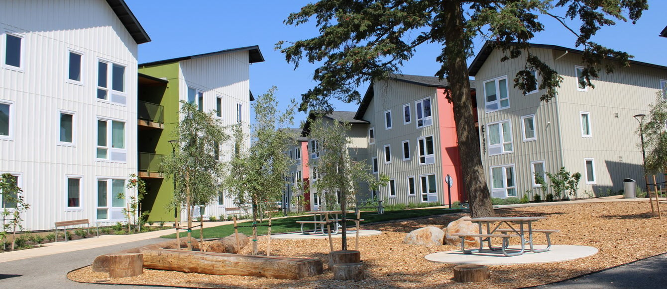 Exterior view of Las Flores affordable housing project in Oregon City, with picnic benches and a large old fir tree in front of the 3-story buildings making up the complex.