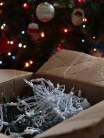 close up of a box with holiday string lights