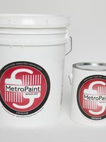 MetroPaint five gallon pail next to single gallon pail