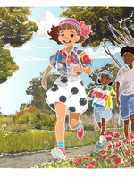 An illustration of three children playing along a nature trail lined with green trees and red wildflowers.