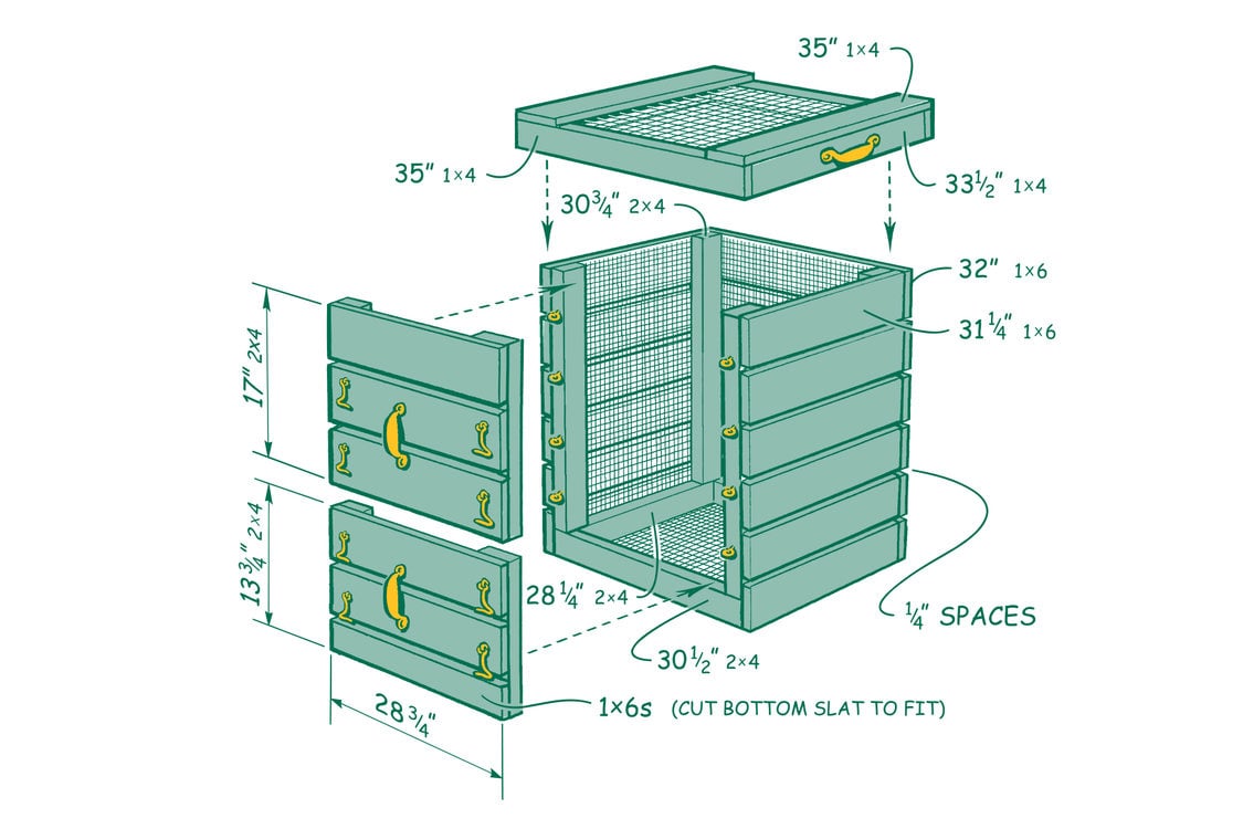 diagram of a wood and wire compost bin
