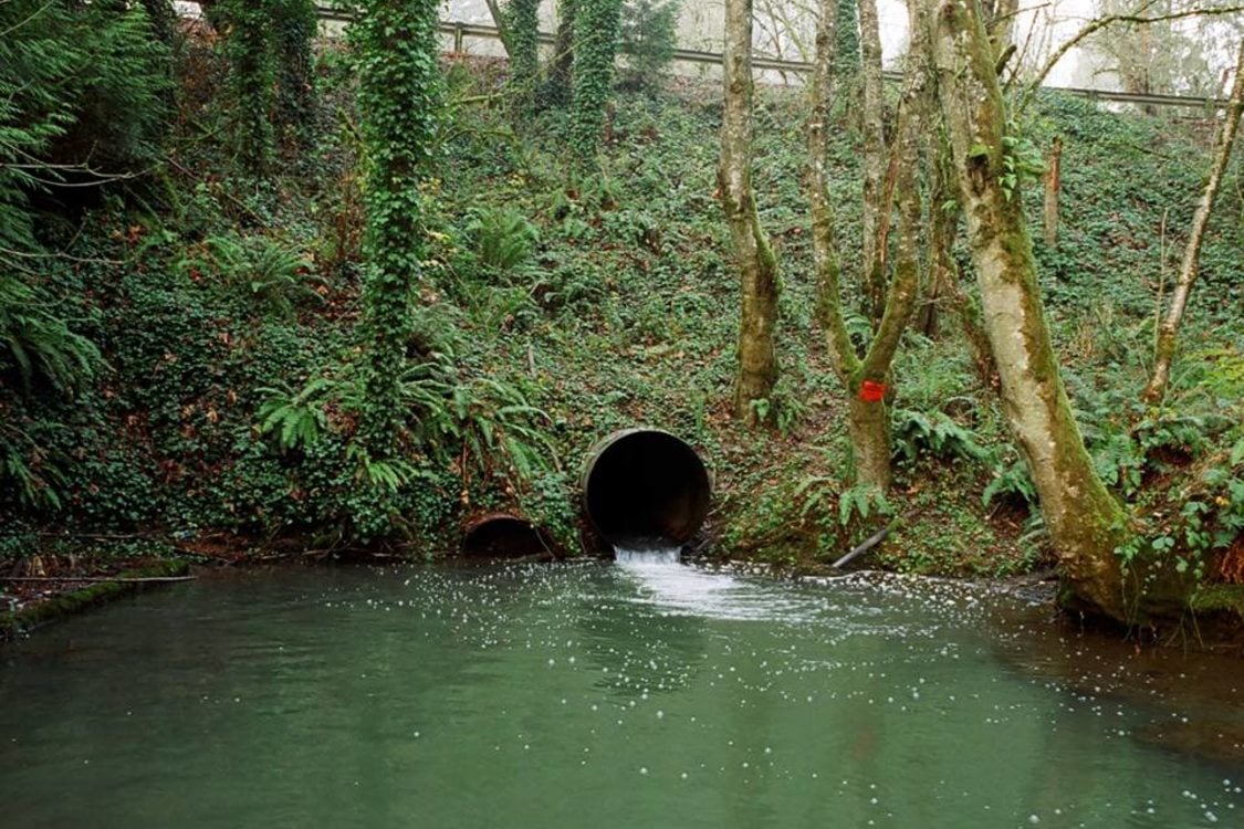 culvert draining water into a retention pond