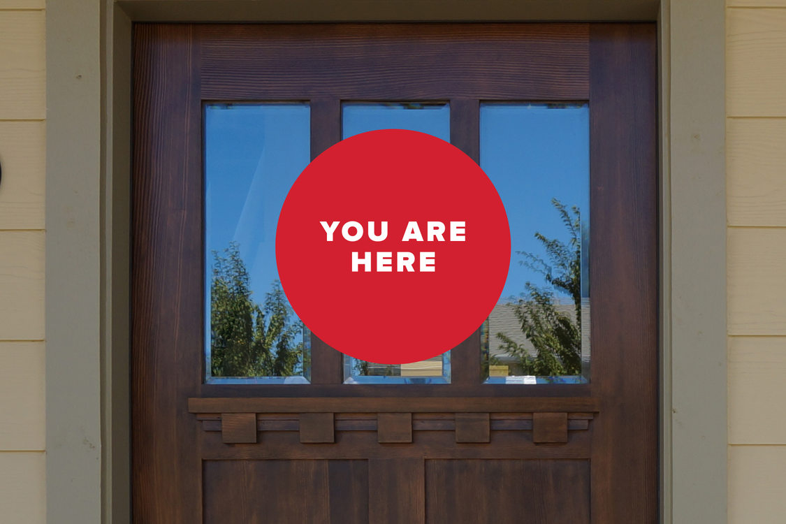 You are here brown door