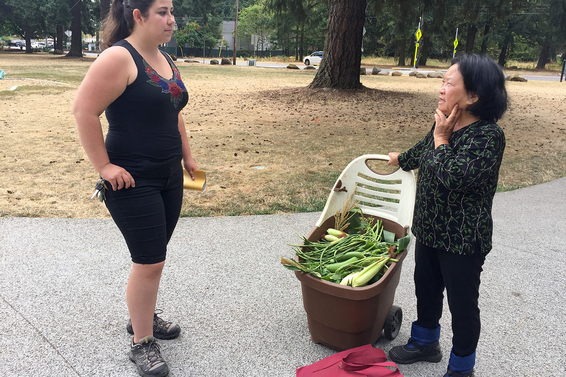 woman with a plastic cart full of vegetables speaking with another woman in Nadaka Nature Park