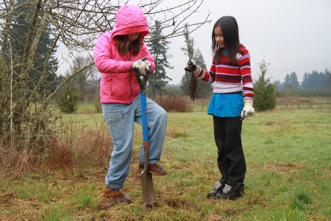 two young girls plant a tree