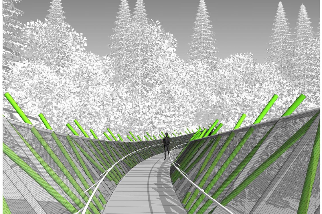 rendering of v-shaped bridge with person standing on bridge and forest in the background