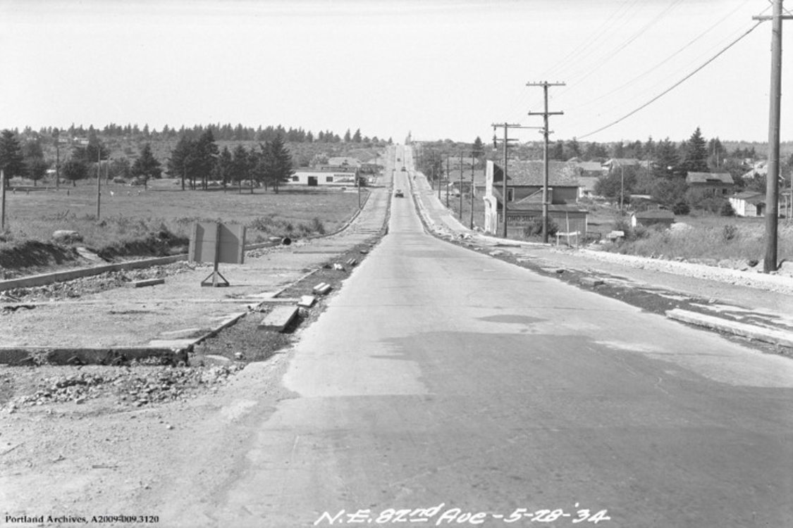 a black and white photo of 82nd Avenue in 1934 with no development