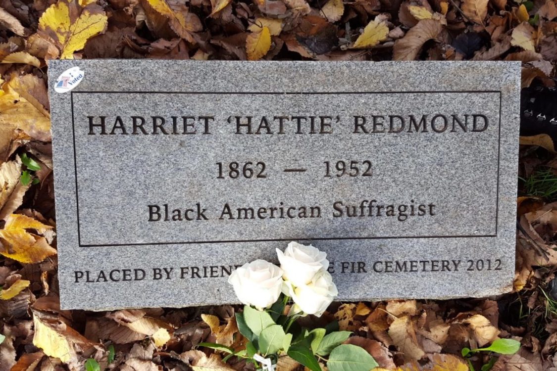 Hattie Redmond's headstone at Lone Fir Cemetery. The original headstone was lost. This headstone was place by Friends of Lone Fir Cemetery to honor Hattie on the 100th anniversary of Oregon women winning the right to vote.