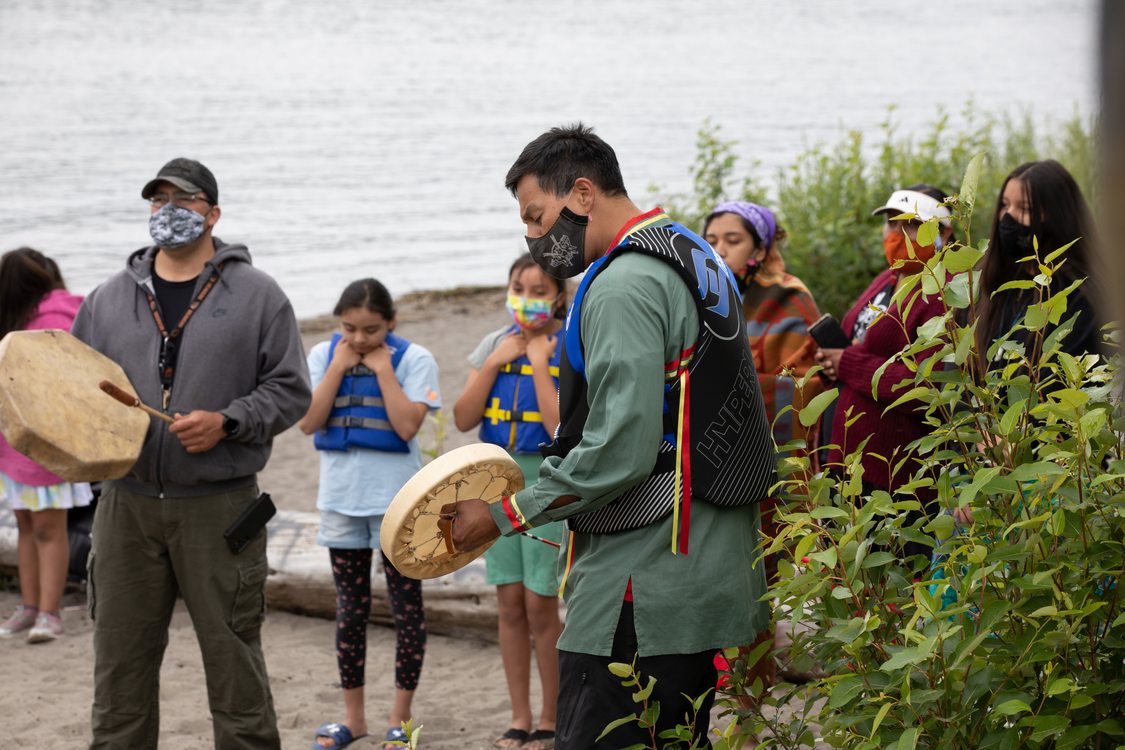 Portland All Nations Canoe Family play music and gather at Chinook Landing along the Columbia River