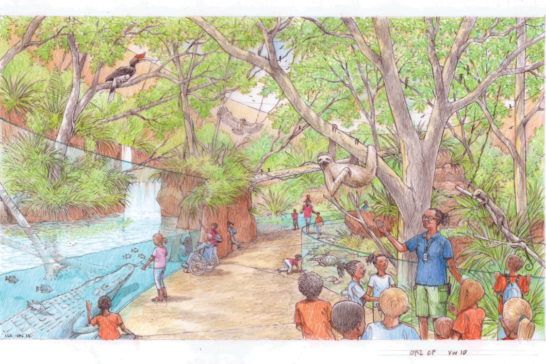 An artist conception shows a large multi-species enclosure. The drawing shows birds, a sloth, an alligator and fish all in the same enclosure as people observe. 