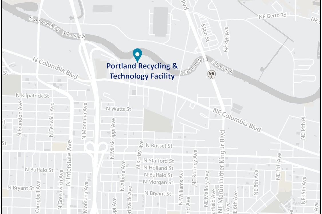 Map showing the location of Portland Recycling and Technology Facility at 701 N Hunt Street Portland Oregon
