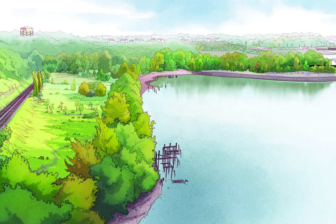 An illustration shows the current state of Willamette Cove: A large cove surrounded by greenery with remnants of structures like docks. 