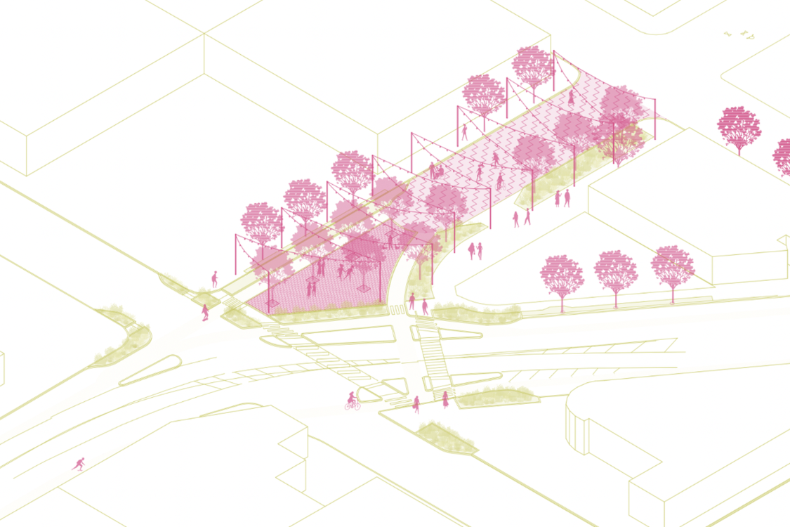 An illustration shows a planned public green space lined with trees. 