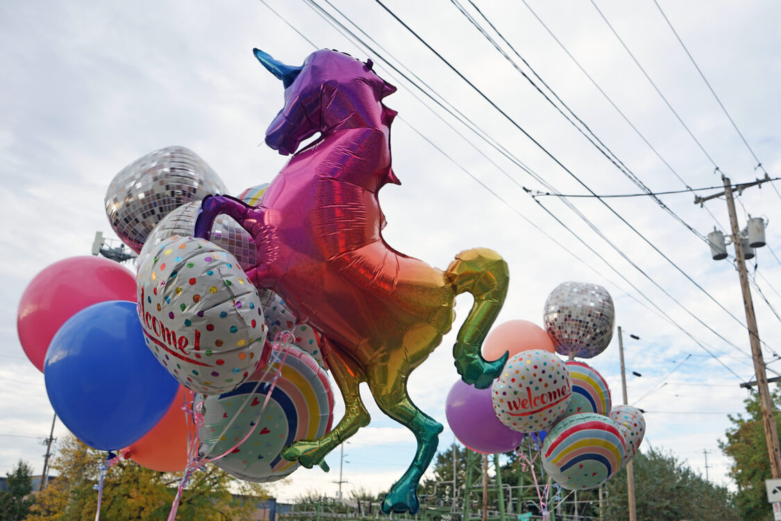 Bunch of mylar balloons including a rainbow unicorn