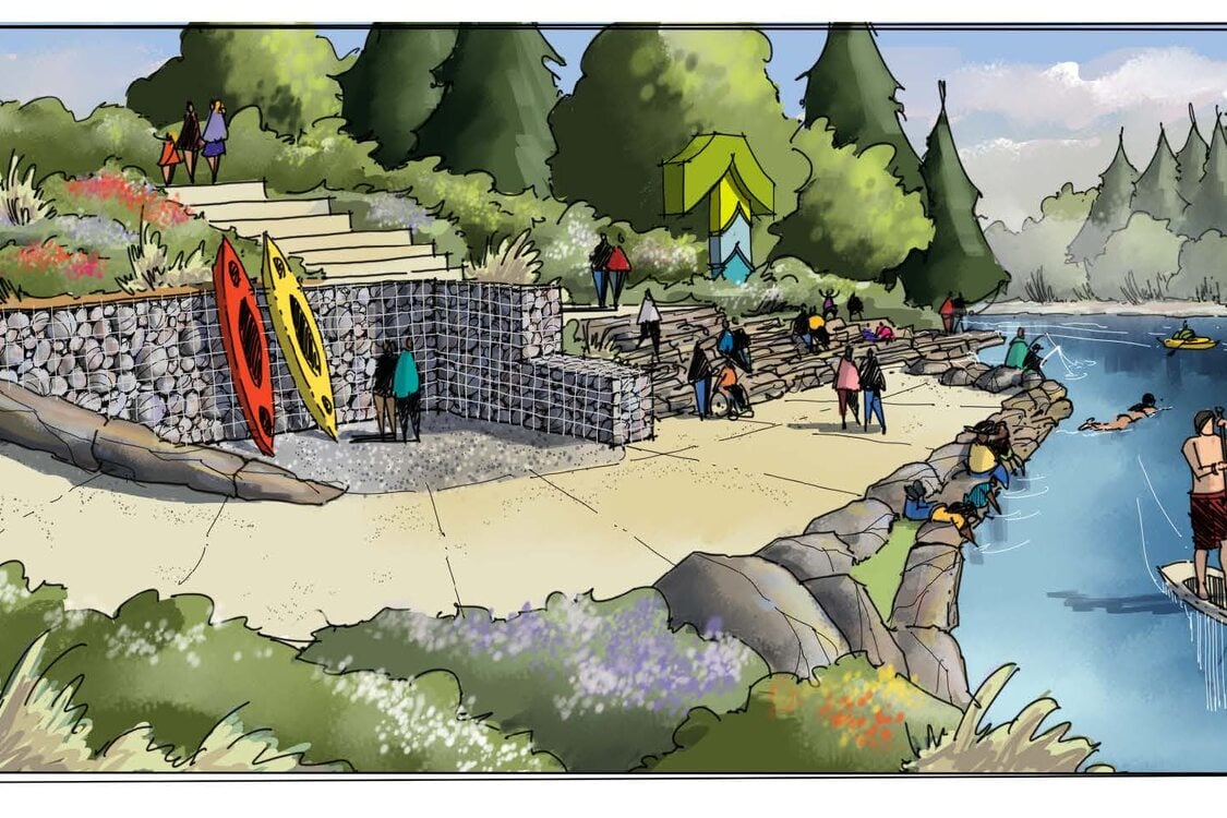 illustration of a paved ramp sloping down to a river, with kayaks leaning against a stone wall and people on paddleboards in the river