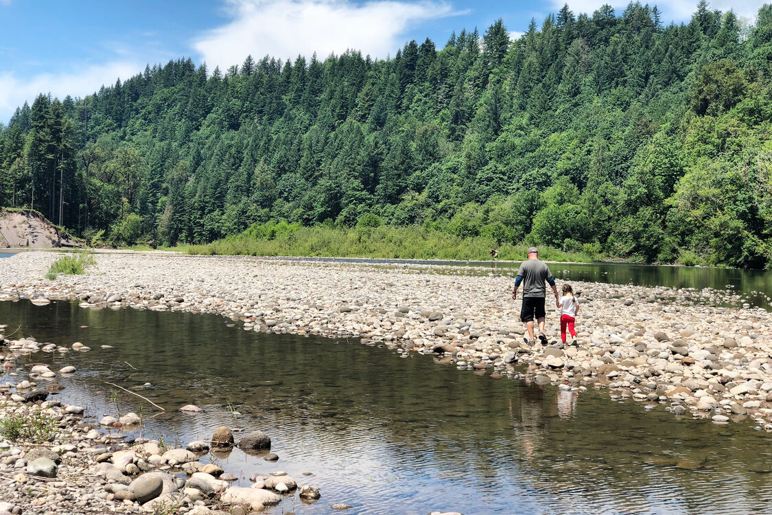 A man holds hands with a little girl as they walk along a rocky riverside with evergreen trees in the background