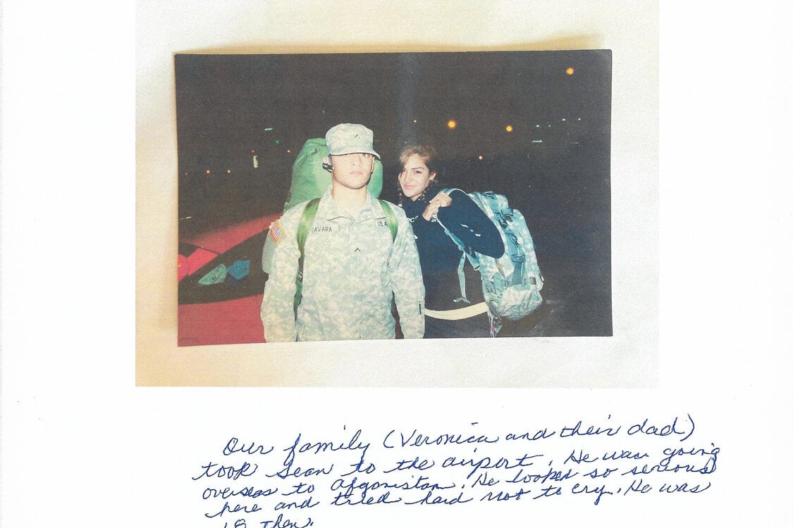 Snapshot of a young man in military uniform posing with a young woman. Writing under the image describes its content.