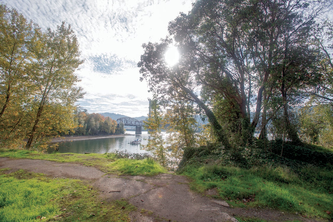 A river bank is covered with grassy concrete. Trees frame the view, and in the distance, a bridge spans the river, with mountains and additional trees visible in the distance. The sky is partly cloudy, and sunlight ref