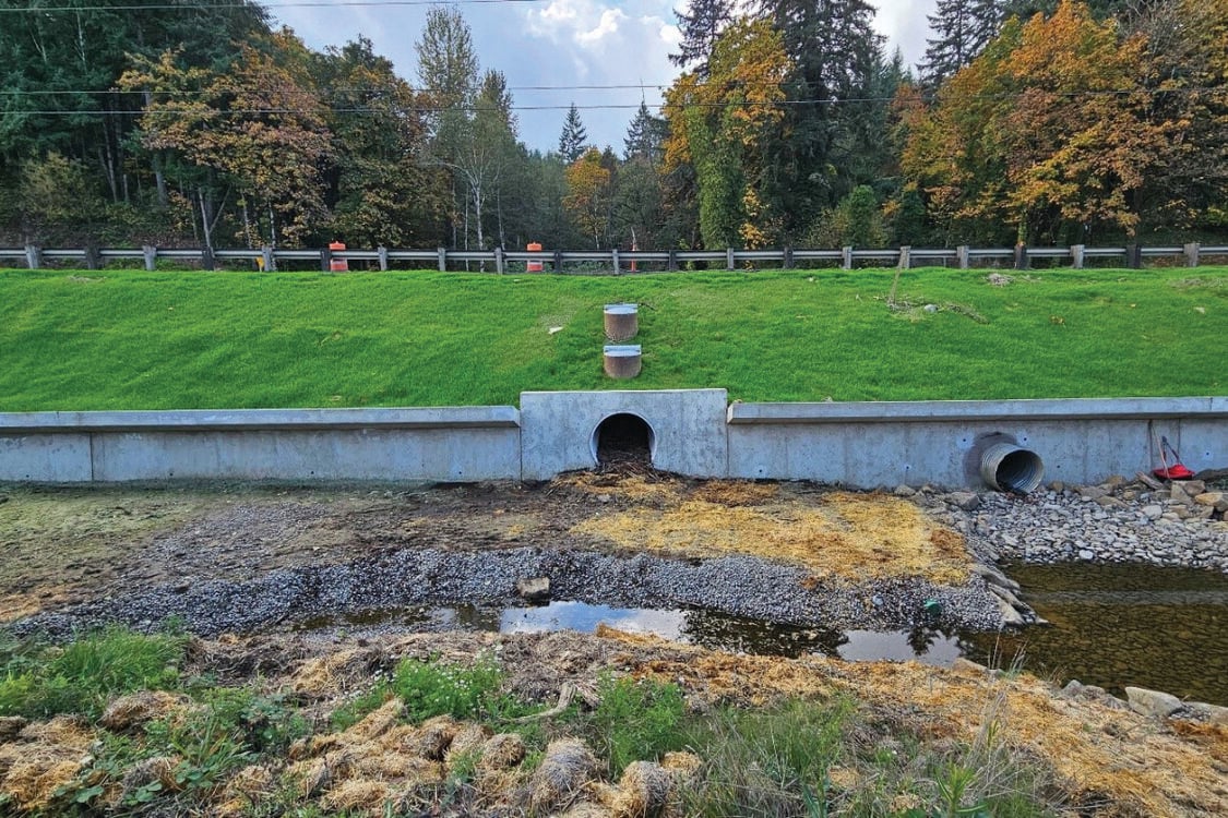 A round opening in a concrete wall below a highway embankment opens onto grass, pebbles and puddled water