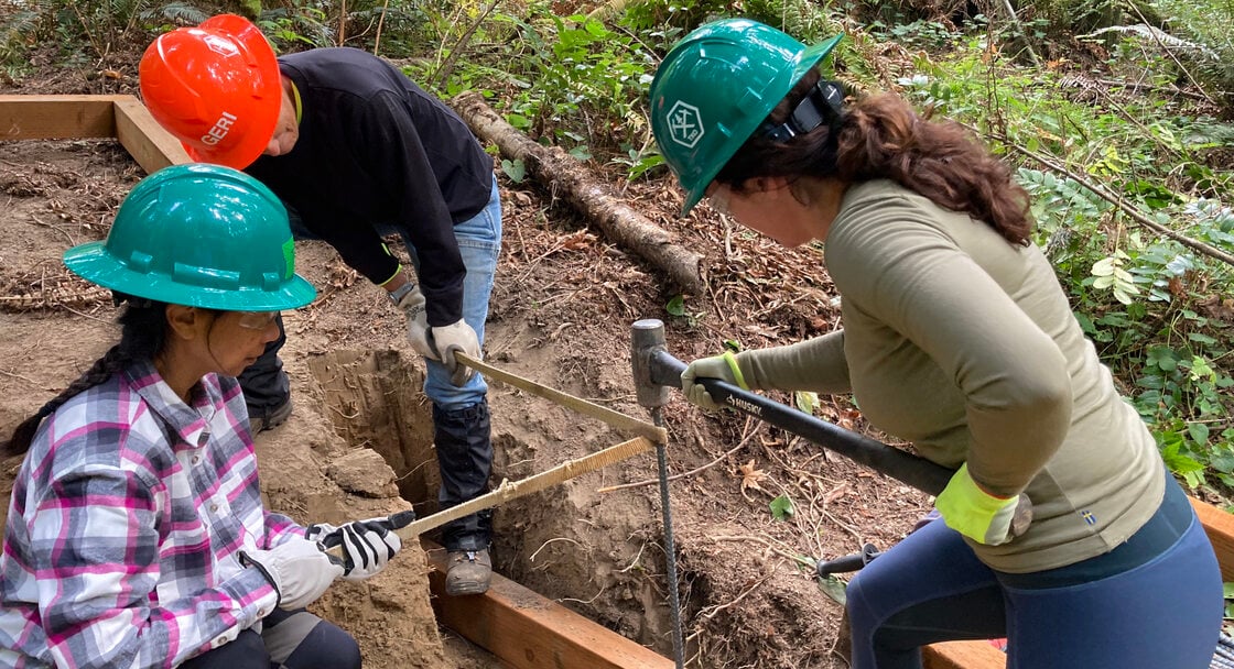 Three workers wearing brightly-colored hard hats work together on building slope-stabilizing wooden steps for a trail construction project.